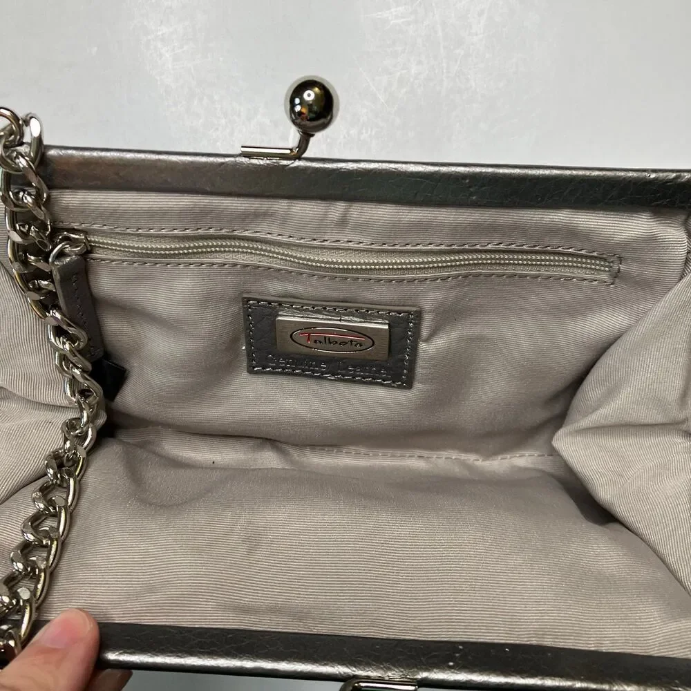 Talbot's Metallic Silver Gray Leather Clutch Evening Purse With Shoulder Strap